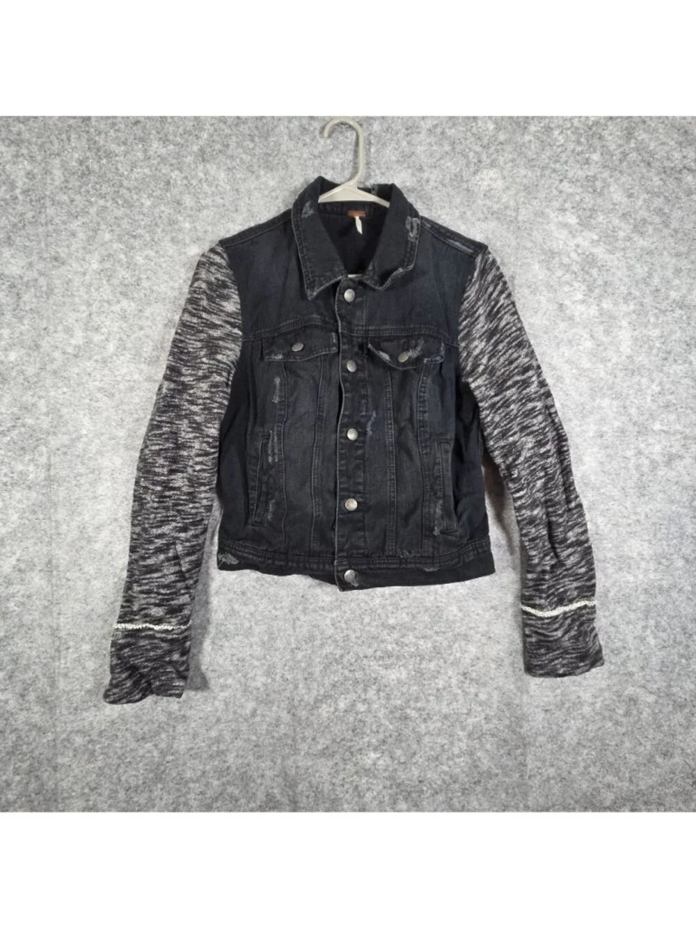 Free People Denim Jacket Layered Knit Hooded Dark Washed Women's Size Small - Picture 2 of 9